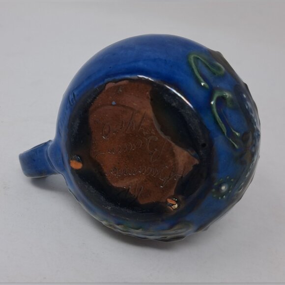 CH Brannam Barum Pottery Ceramic Mini Jug 1900 Dated Frog Fish Waves Blue 2.25" - Picture 10 of 16